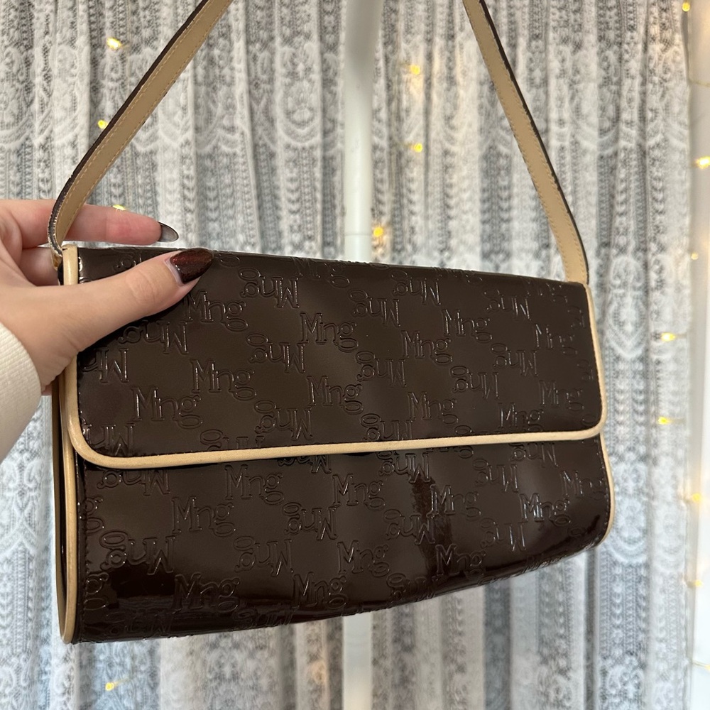 Vintage MNG Mango Brown Monogram Patent Shoulder Bag Y2K Logo Embossed Purse